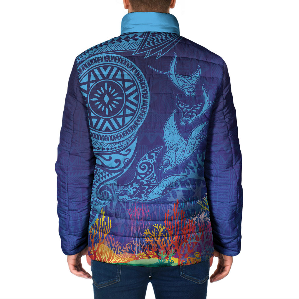 Fijian Tribal Manta Ray Padded Jacket Masi Motif with Coral Reef Ocean Vibe