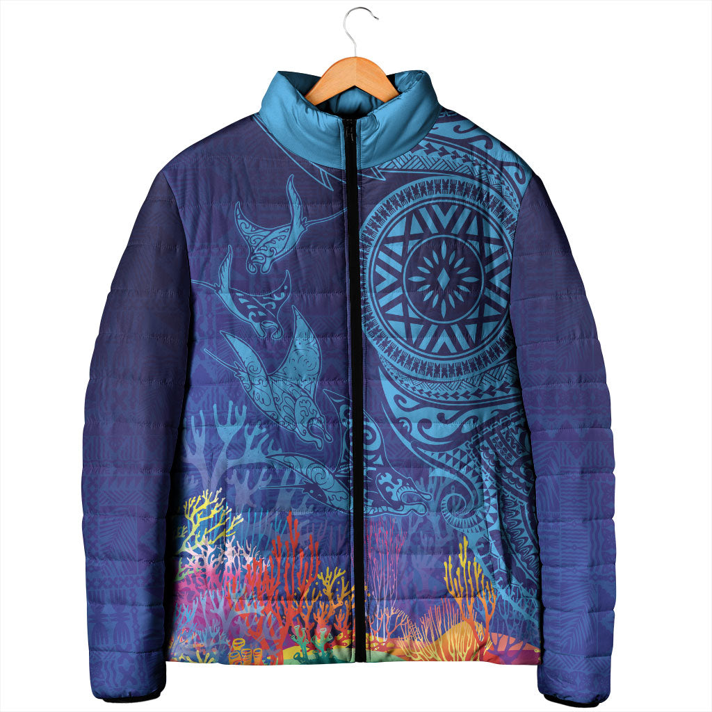 Fijian Tribal Manta Ray Padded Jacket Masi Motif with Coral Reef Ocean Vibe