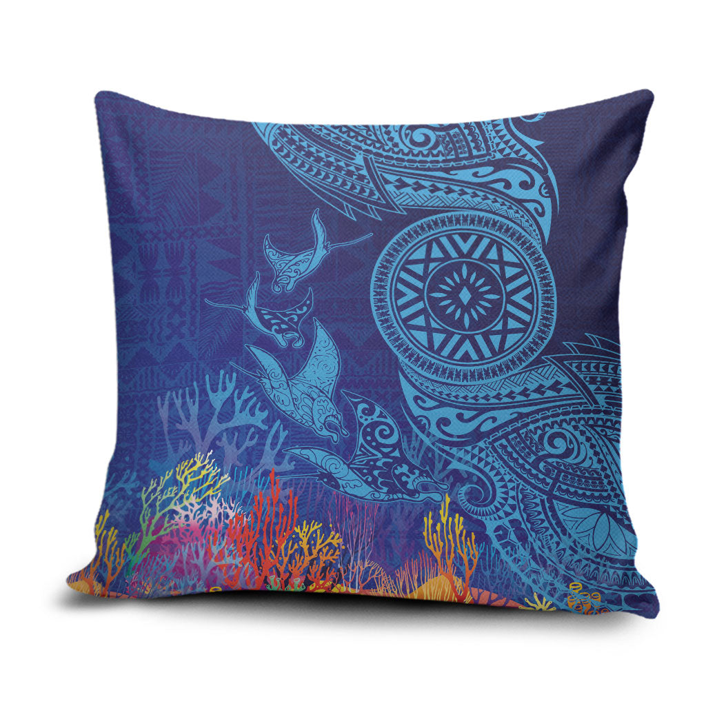 Fijian Tribal Manta Ray Pillow Cover Masi Motif with Coral Reef Ocean Vibe