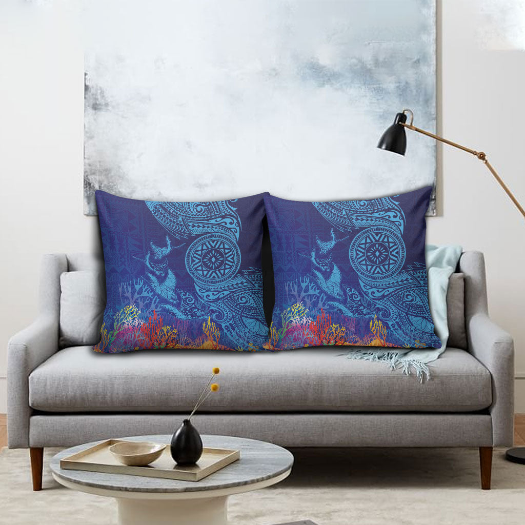 Fijian Tribal Manta Ray Pillow Cover Masi Motif with Coral Reef Ocean Vibe