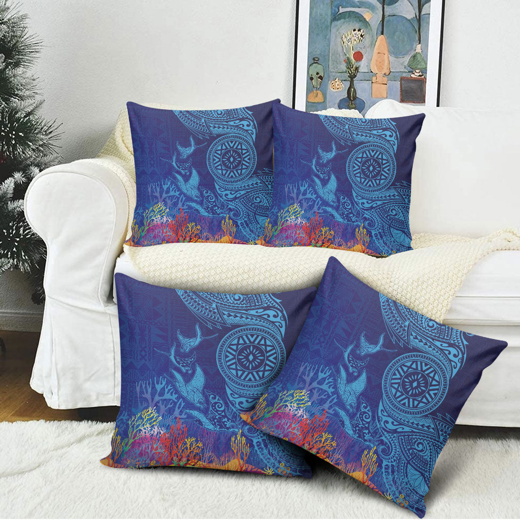 Fijian Tribal Manta Ray Pillow Cover Masi Motif with Coral Reef Ocean Vibe