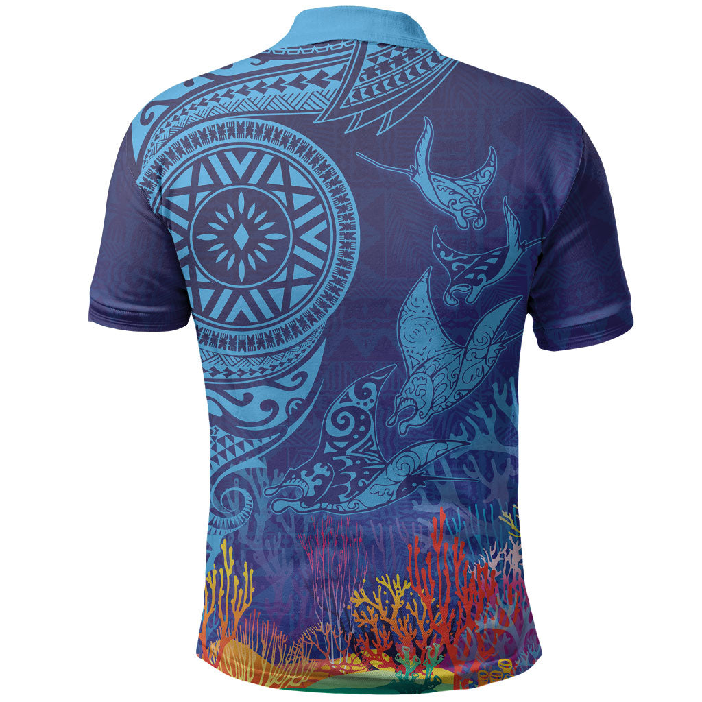 Fijian Tribal Manta Ray Polo Shirt Masi Motif with Coral Reef Ocean Vibe