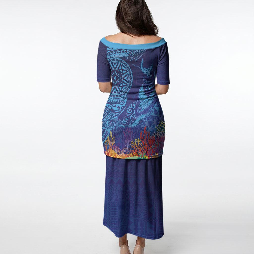 Fijian Tribal Manta Ray Puletasi Masi Motif with Coral Reef Ocean Vibe