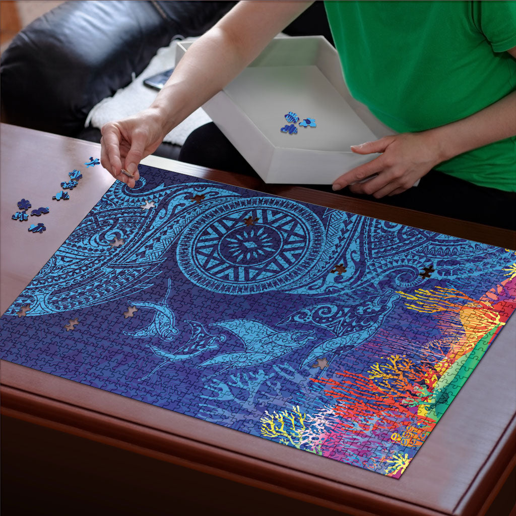 Fijian Tribal Manta Ray Puzzle Masi Motif with Coral Reef Ocean Vibe