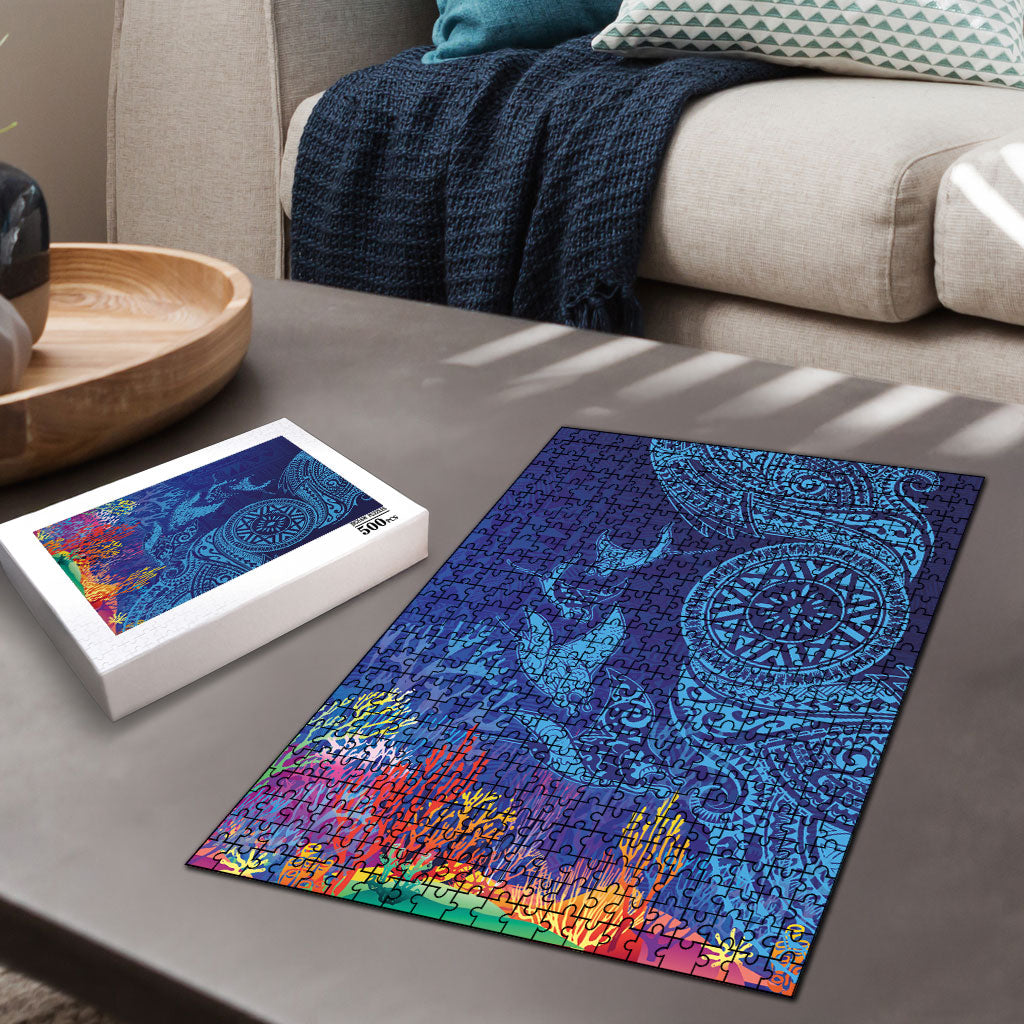 Fijian Tribal Manta Ray Puzzle Masi Motif with Coral Reef Ocean Vibe