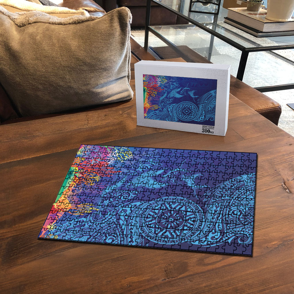 Fijian Tribal Manta Ray Puzzle Masi Motif with Coral Reef Ocean Vibe