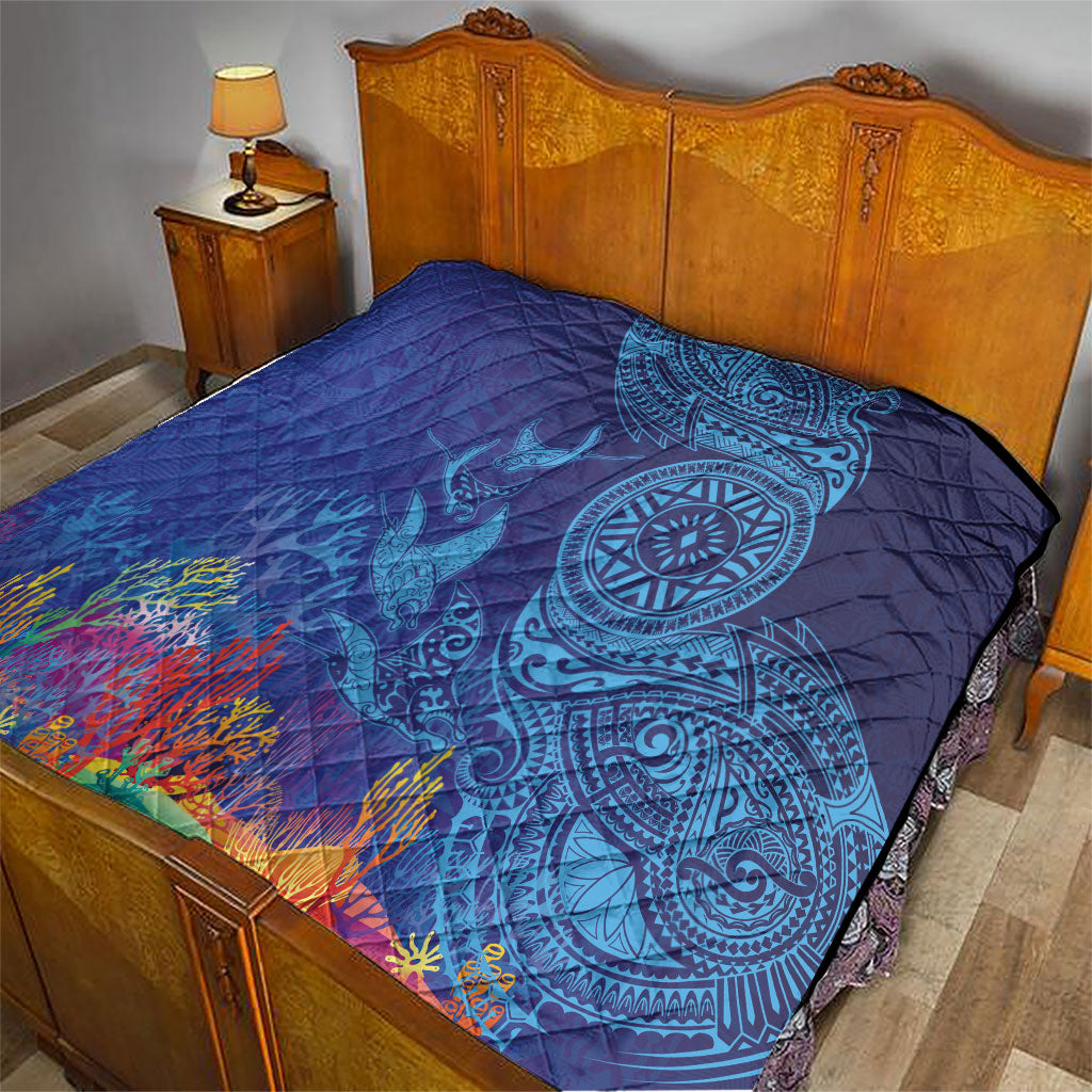Fijian Tribal Manta Ray Quilt Masi Motif with Coral Reef Ocean Vibe