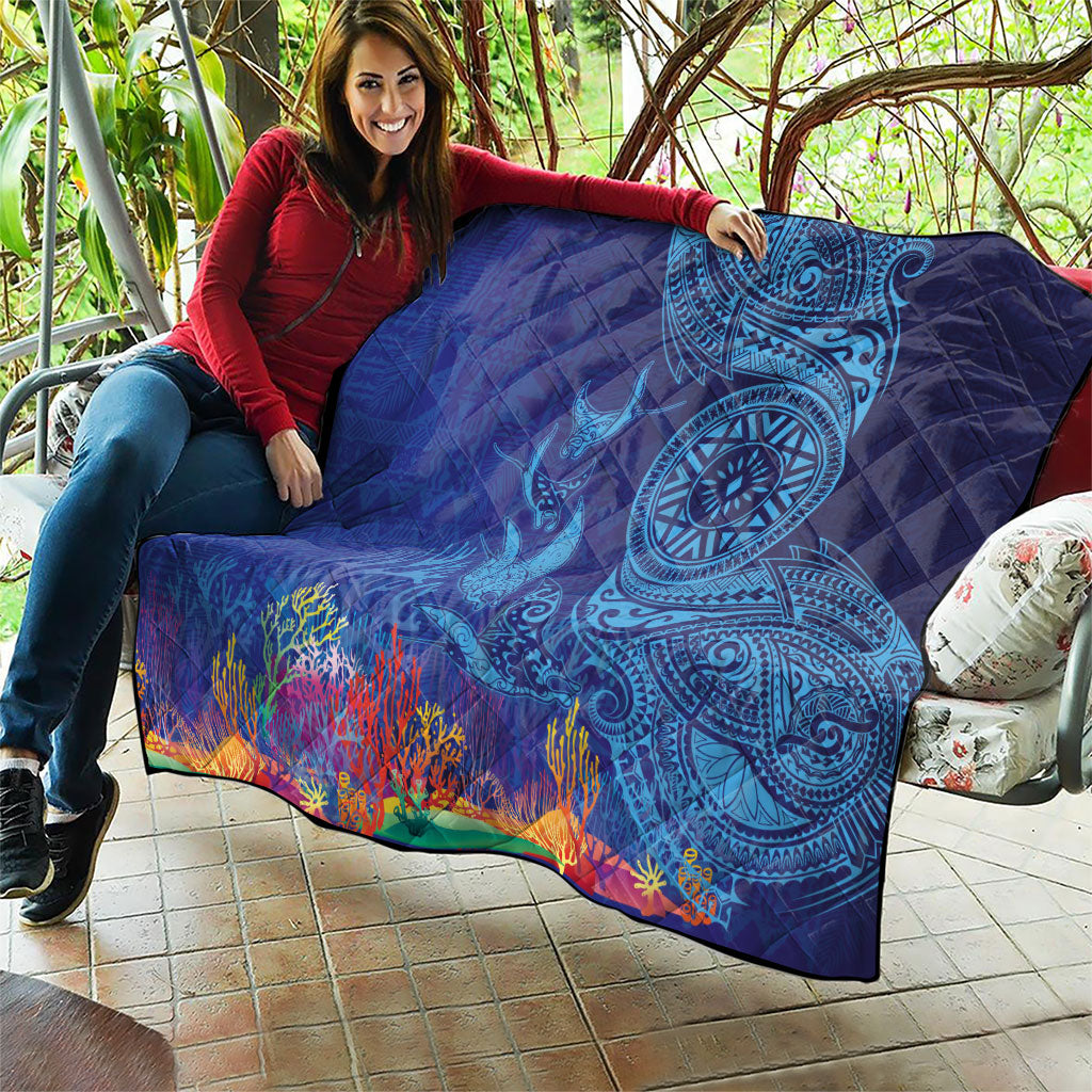 Fijian Tribal Manta Ray Quilt Masi Motif with Coral Reef Ocean Vibe