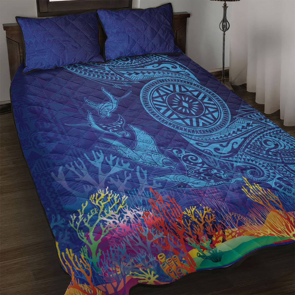 Fijian Tribal Manta Ray Quilt Bed Set Masi Motif with Coral Reef Ocean Vibe