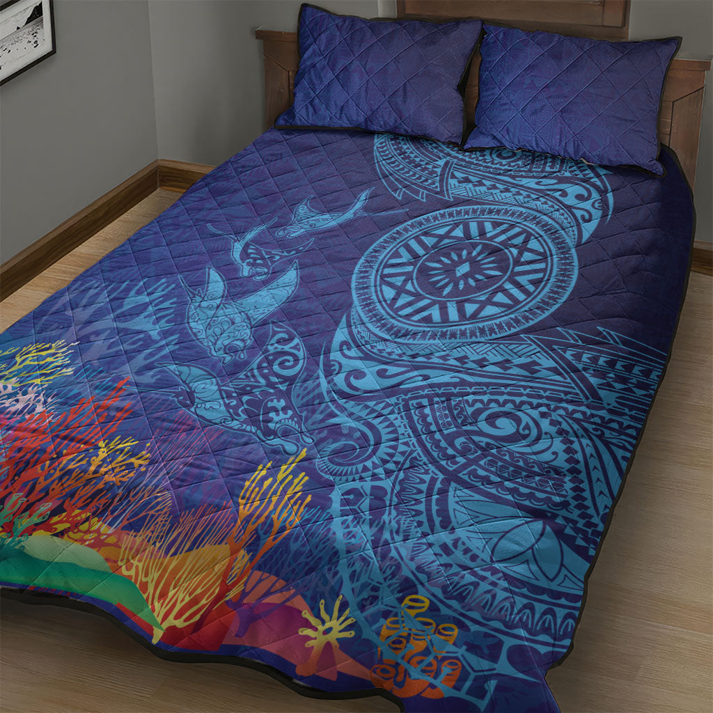 Fijian Tribal Manta Ray Quilt Bed Set Masi Motif with Coral Reef Ocean Vibe