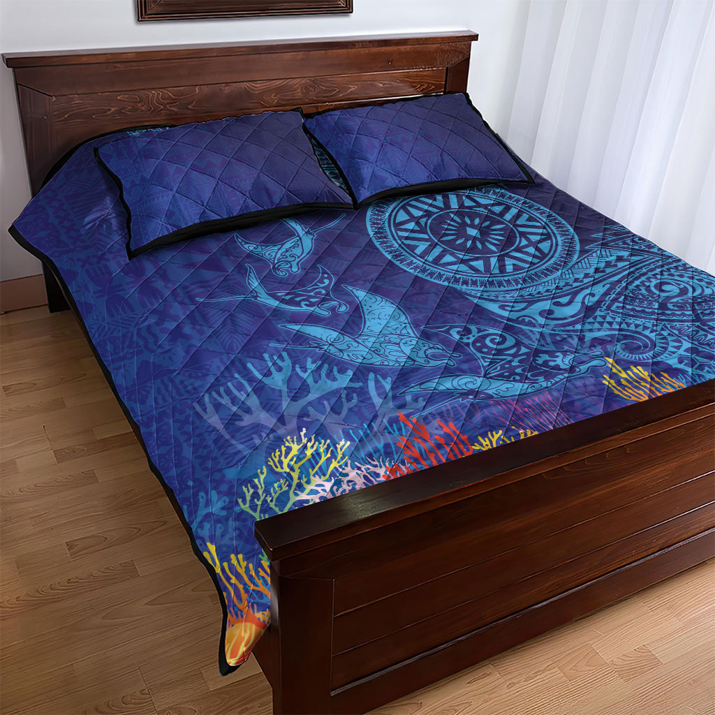 Fijian Tribal Manta Ray Quilt Bed Set Masi Motif with Coral Reef Ocean Vibe
