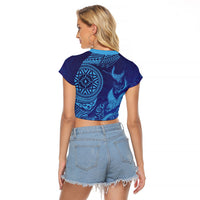 Fijian Tribal Manta Ray Raglan Cropped T Shirt Masi Motif with Coral Reef Ocean Vibe