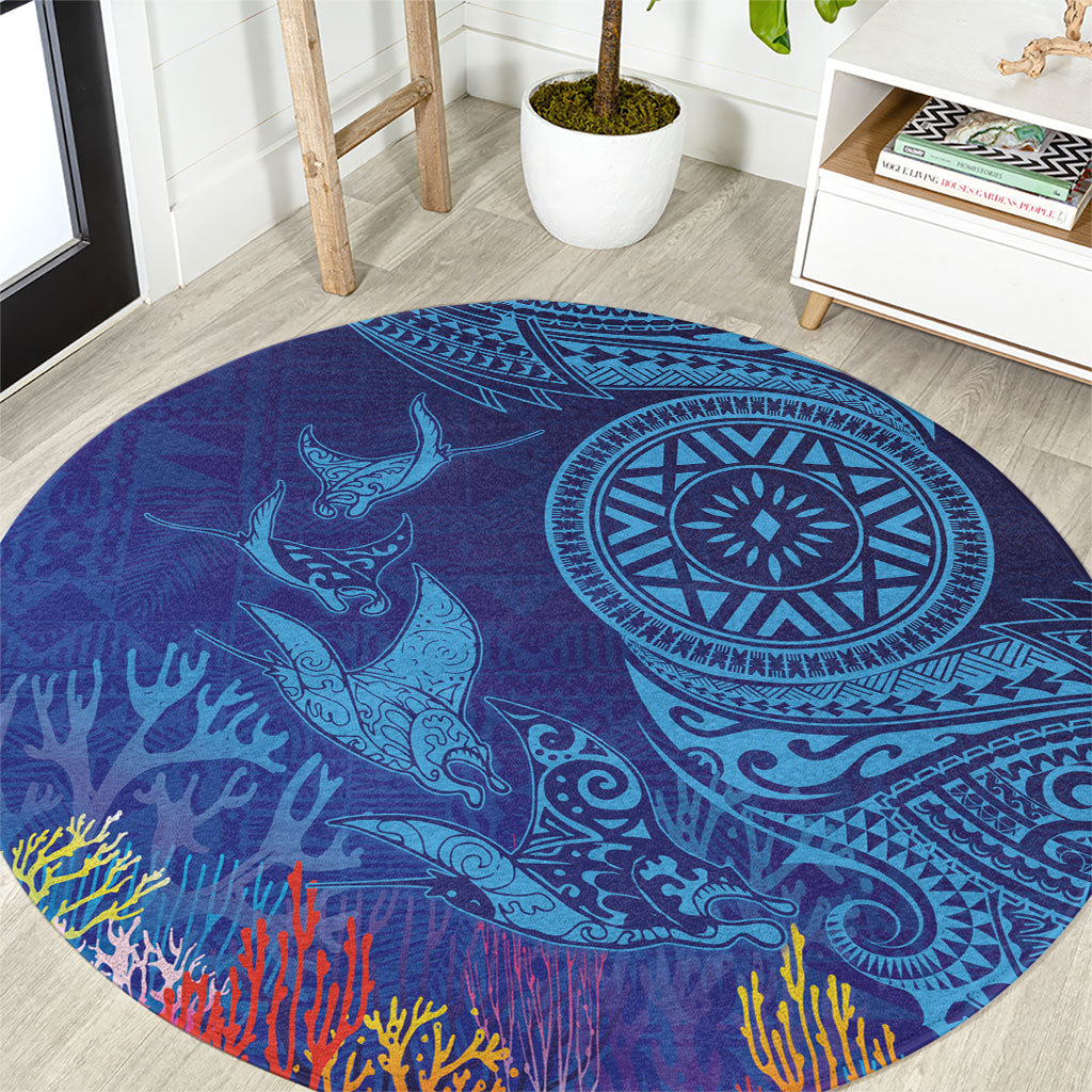 Fijian Tribal Manta Ray Round Carpet Masi Motif with Coral Reef Ocean Vibe