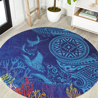 Fijian Tribal Manta Ray Round Carpet Masi Motif with Coral Reef Ocean Vibe