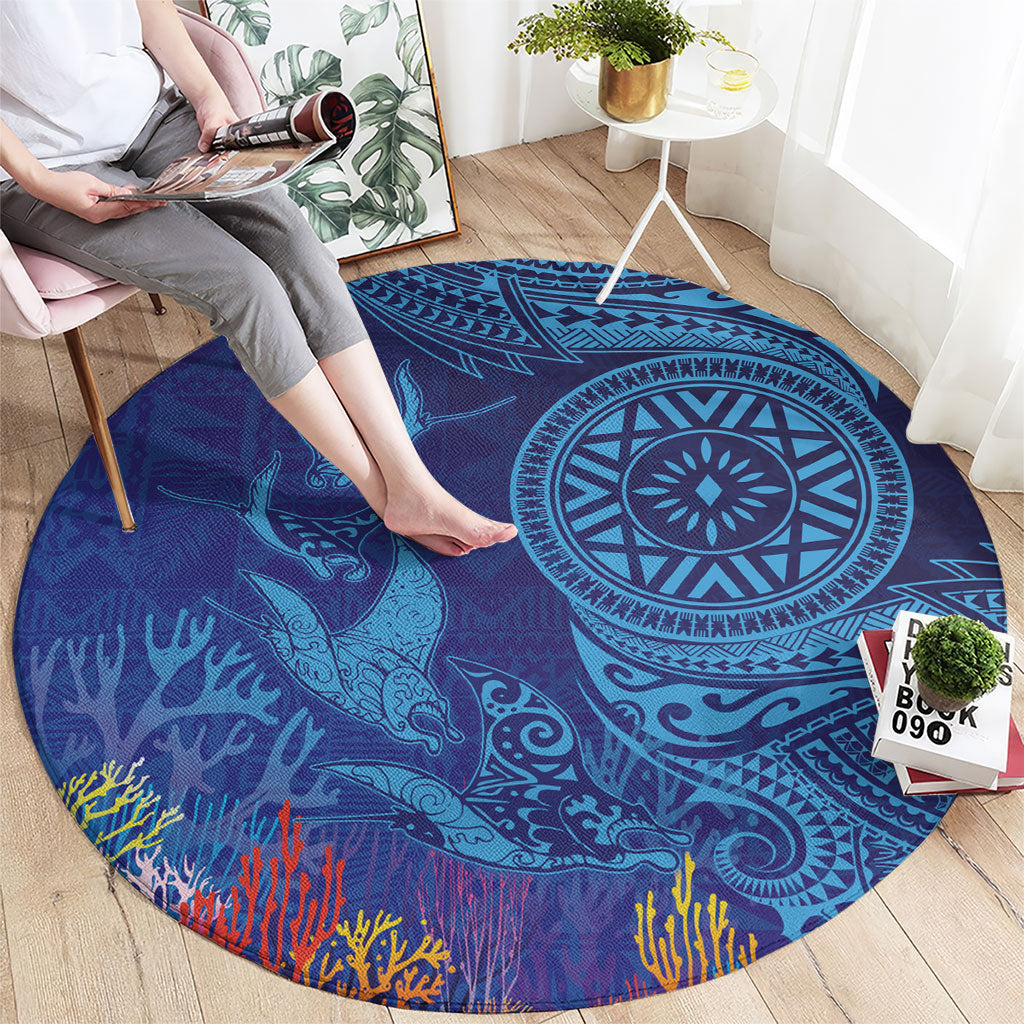 Fijian Tribal Manta Ray Round Carpet Masi Motif with Coral Reef Ocean Vibe