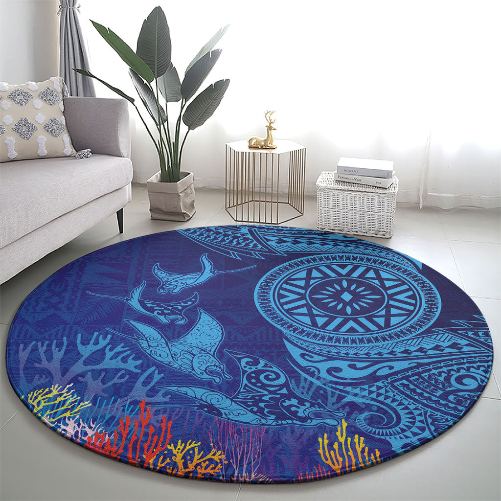 Fijian Tribal Manta Ray Round Carpet Masi Motif with Coral Reef Ocean Vibe