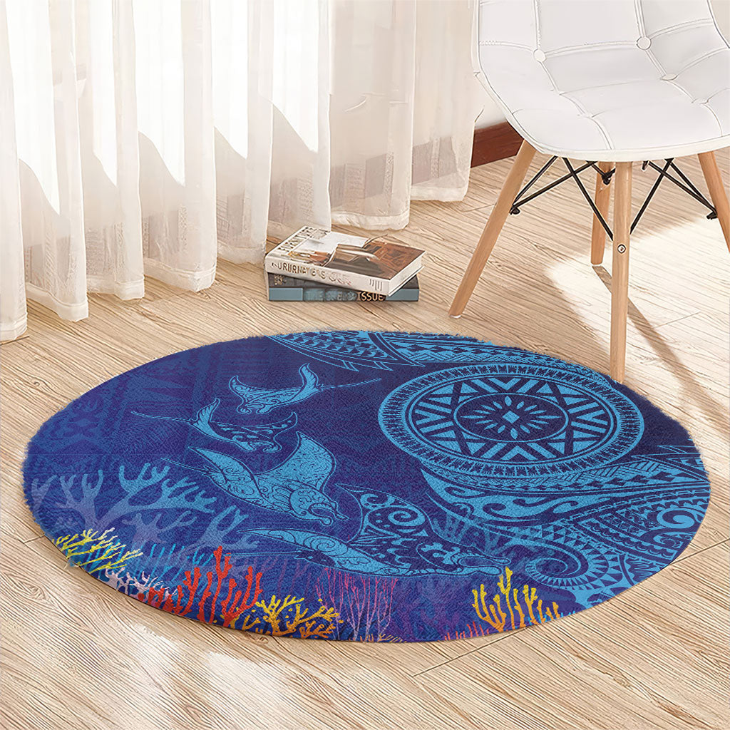 Fijian Tribal Manta Ray Round Carpet Masi Motif with Coral Reef Ocean Vibe