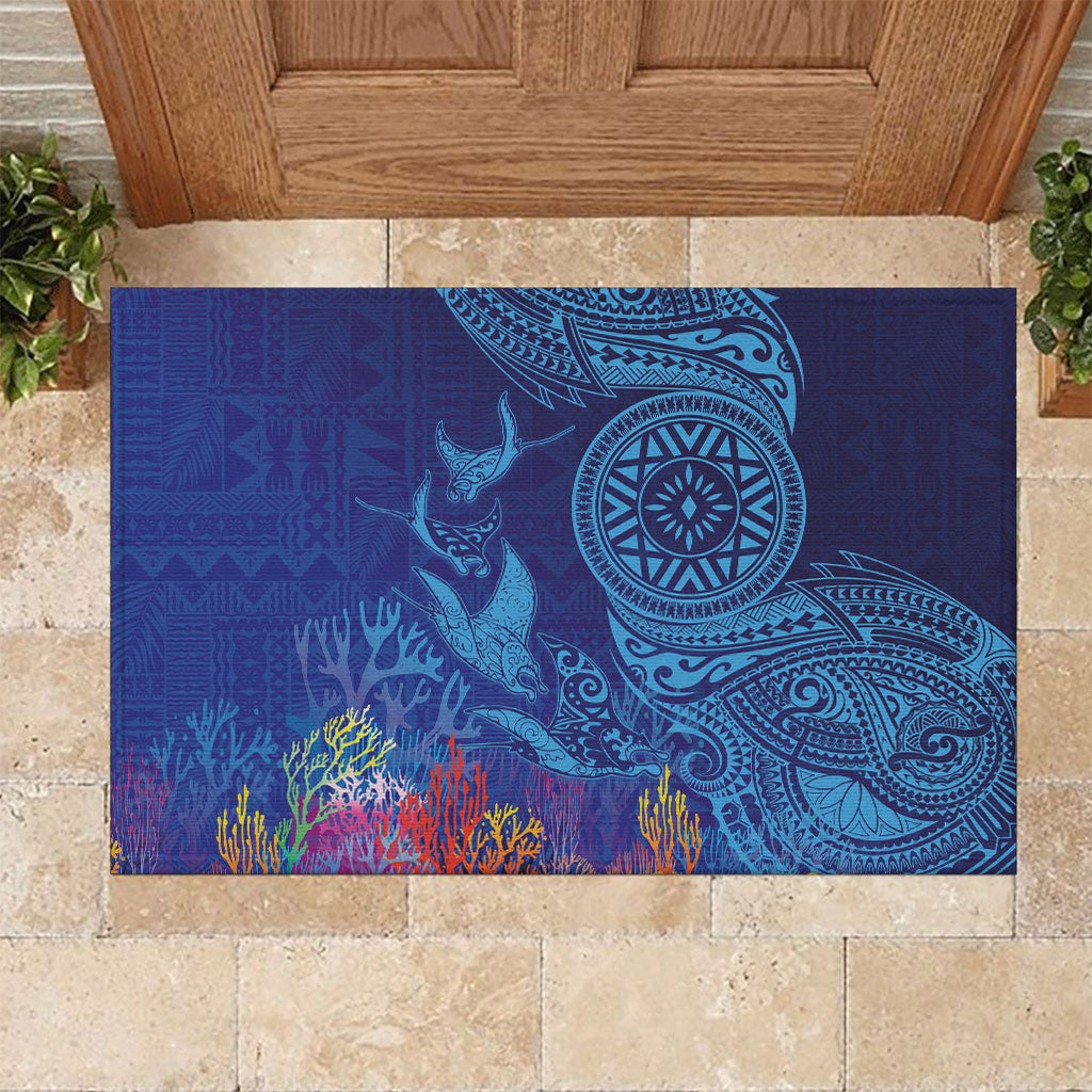 Fijian Tribal Manta Ray Rubber Doormat Masi Motif with Coral Reef Ocean Vibe