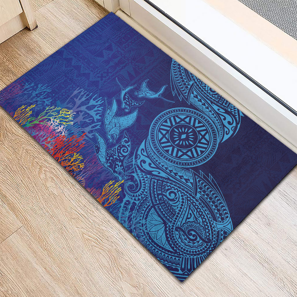 Fijian Tribal Manta Ray Rubber Doormat Masi Motif with Coral Reef Ocean Vibe