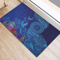 Fijian Tribal Manta Ray Rubber Doormat Masi Motif with Coral Reef Ocean Vibe