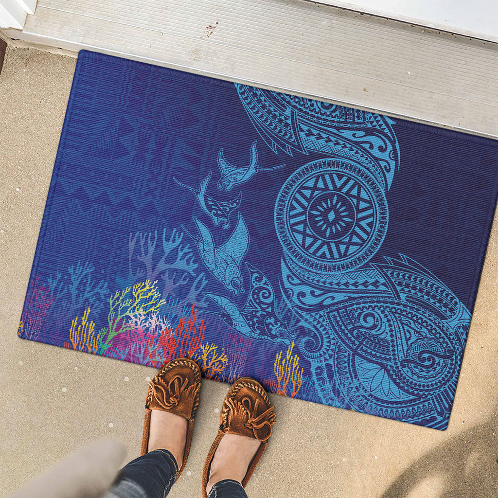 Fijian Tribal Manta Ray Rubber Doormat Masi Motif with Coral Reef Ocean Vibe