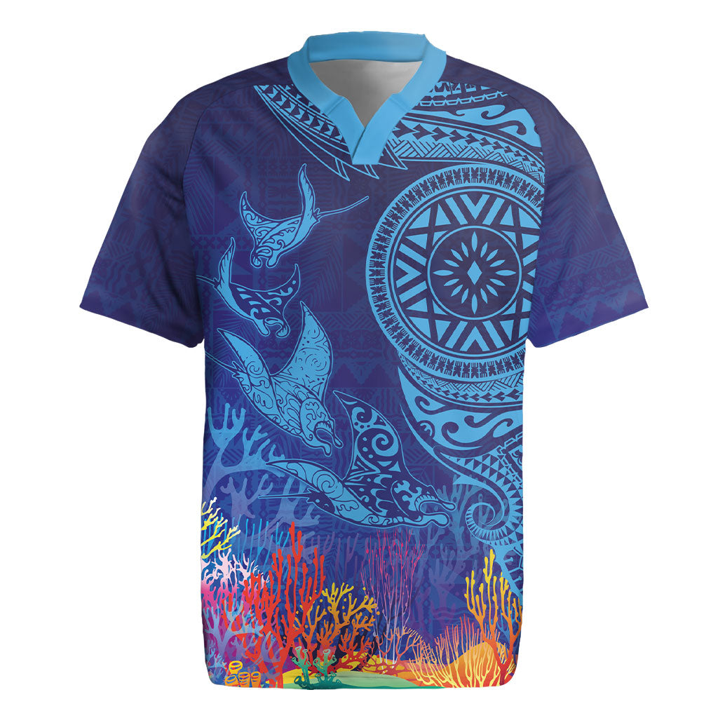 Fijian Tribal Manta Ray Rugby Jersey Masi Motif with Coral Reef Ocean Vibe