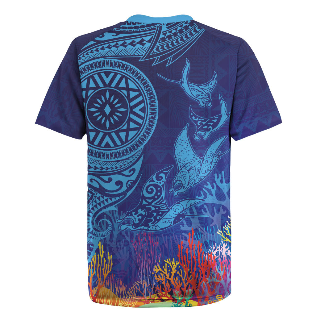 Fijian Tribal Manta Ray Rugby Jersey Masi Motif with Coral Reef Ocean Vibe