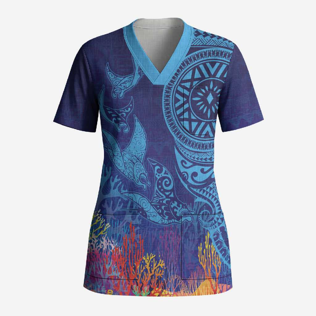 Fijian Tribal Manta Ray Scrub Top Masi Motif with Coral Reef Ocean Vibe