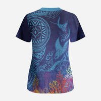 Fijian Tribal Manta Ray Scrub Top Masi Motif with Coral Reef Ocean Vibe
