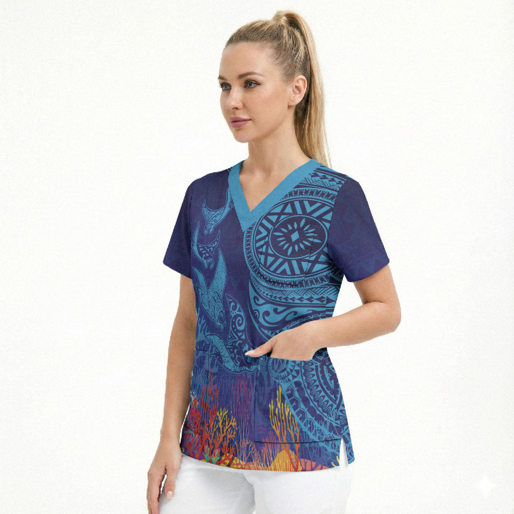 Fijian Tribal Manta Ray Scrub Top Masi Motif with Coral Reef Ocean Vibe