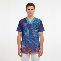 Fijian Tribal Manta Ray Scrub Top Masi Motif with Coral Reef Ocean Vibe
