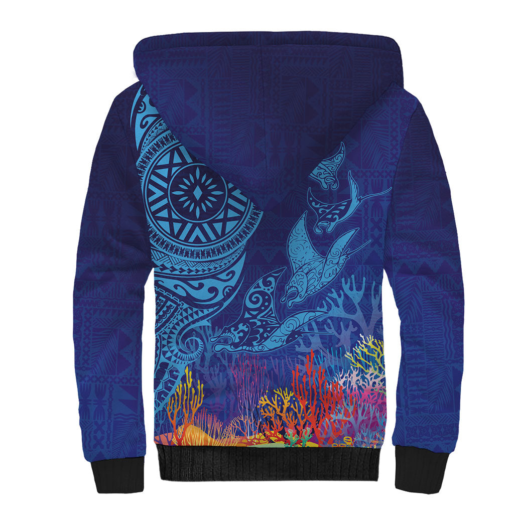 Fijian Tribal Manta Ray Sherpa Hoodie Masi Motif with Coral Reef Ocean Vibe
