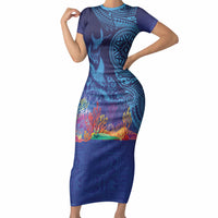 Fijian Tribal Manta Ray Short Sleeve Bodycon Dress Masi Motif with Coral Reef Ocean Vibe