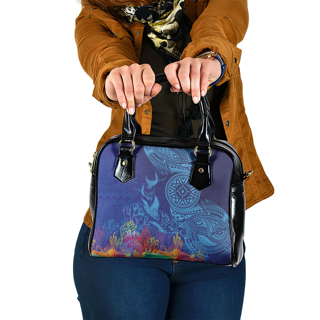 Fijian Tribal Manta Ray Shoulder Handbag Masi Motif with Coral Reef Ocean Vibe