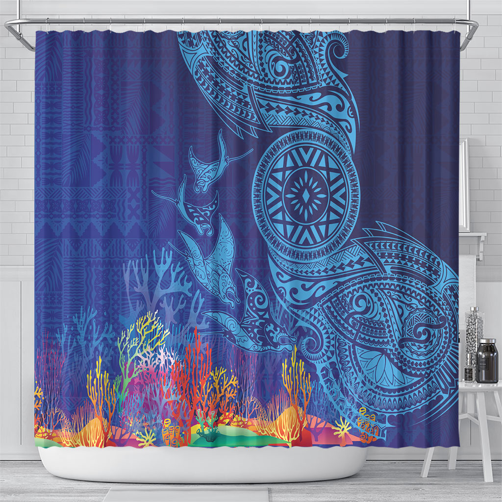 Fijian Tribal Manta Ray Shower Curtain Masi Motif with Coral Reef Ocean Vibe