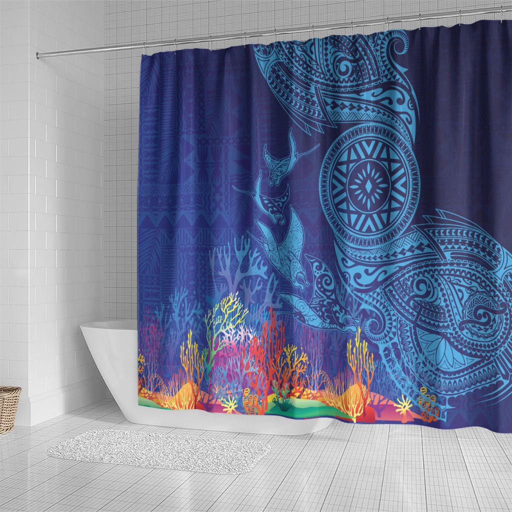 Fijian Tribal Manta Ray Shower Curtain Masi Motif with Coral Reef Ocean Vibe