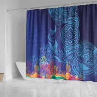 Fijian Tribal Manta Ray Shower Curtain Masi Motif with Coral Reef Ocean Vibe