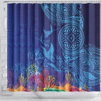 Fijian Tribal Manta Ray Shower Curtain Masi Motif with Coral Reef Ocean Vibe