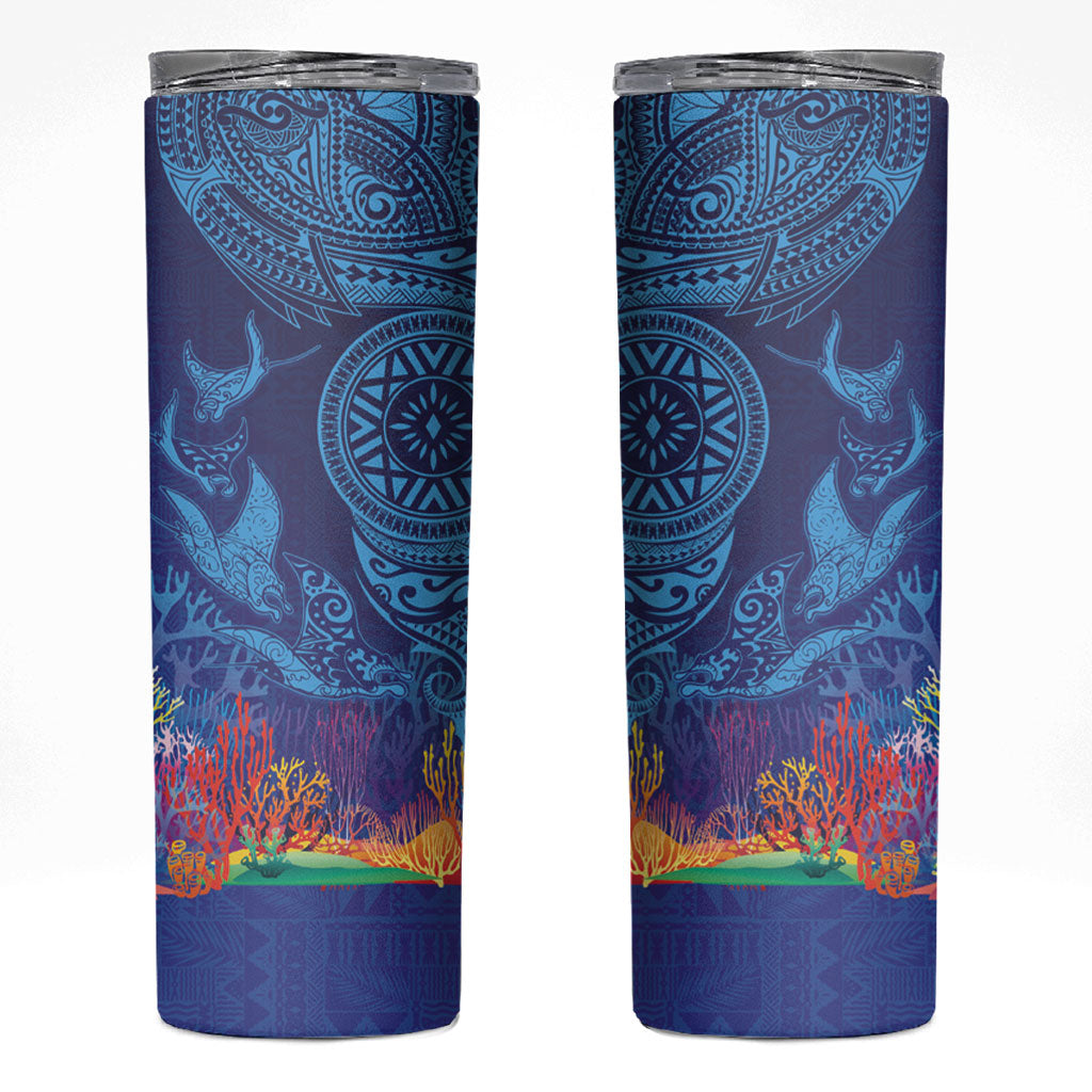 Fijian Tribal Manta Ray Skinny Tumbler Masi Motif with Coral Reef Ocean Vibe