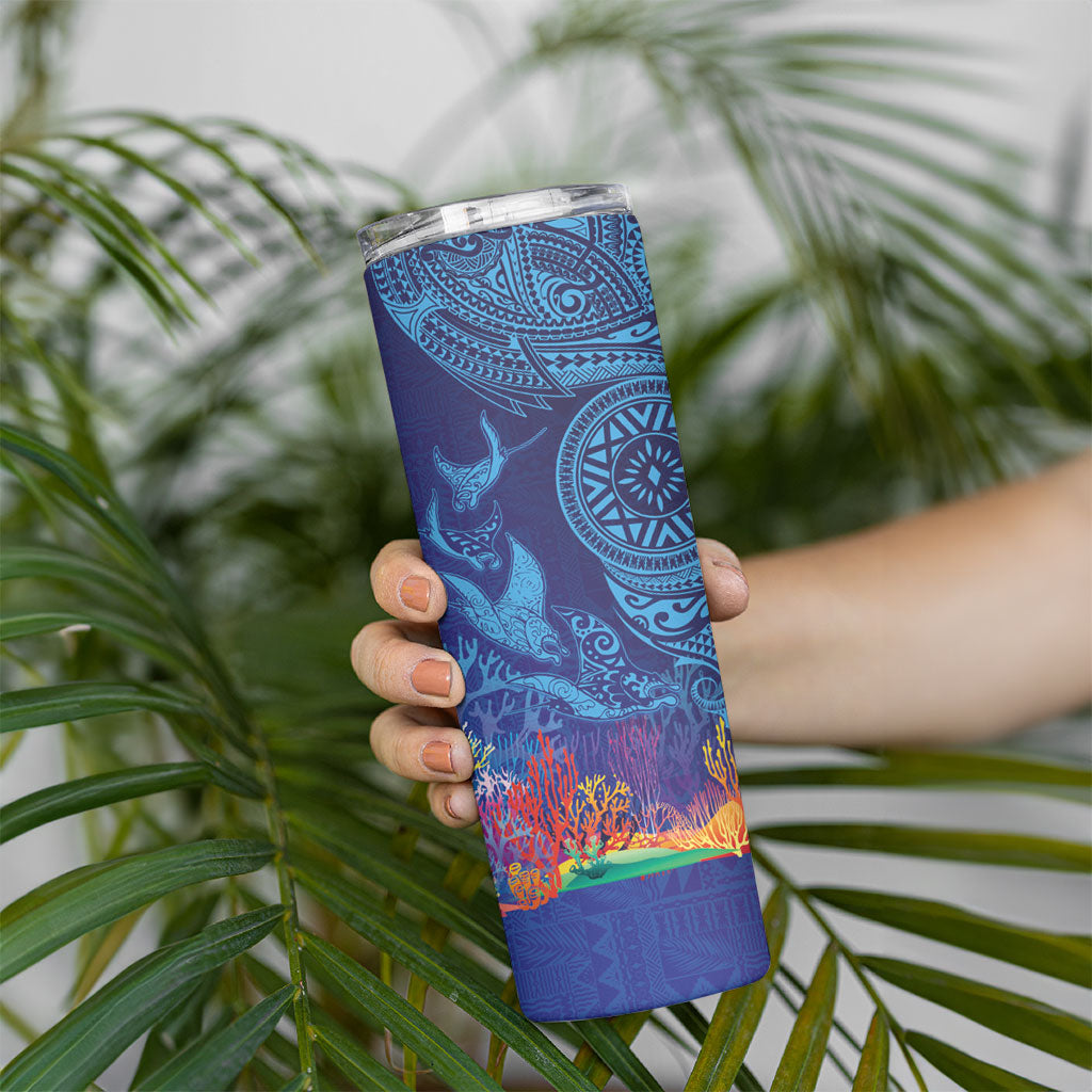 Fijian Tribal Manta Ray Skinny Tumbler Masi Motif with Coral Reef Ocean Vibe