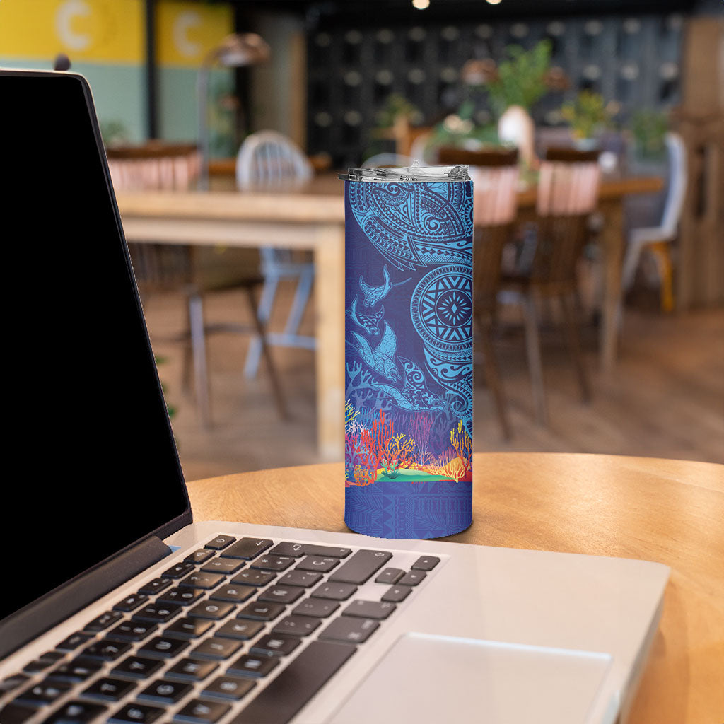 Fijian Tribal Manta Ray Skinny Tumbler Masi Motif with Coral Reef Ocean Vibe