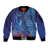 Fijian Tribal Manta Ray Sleeve Zip Bomber Jacket Masi Motif with Coral Reef Ocean Vibe