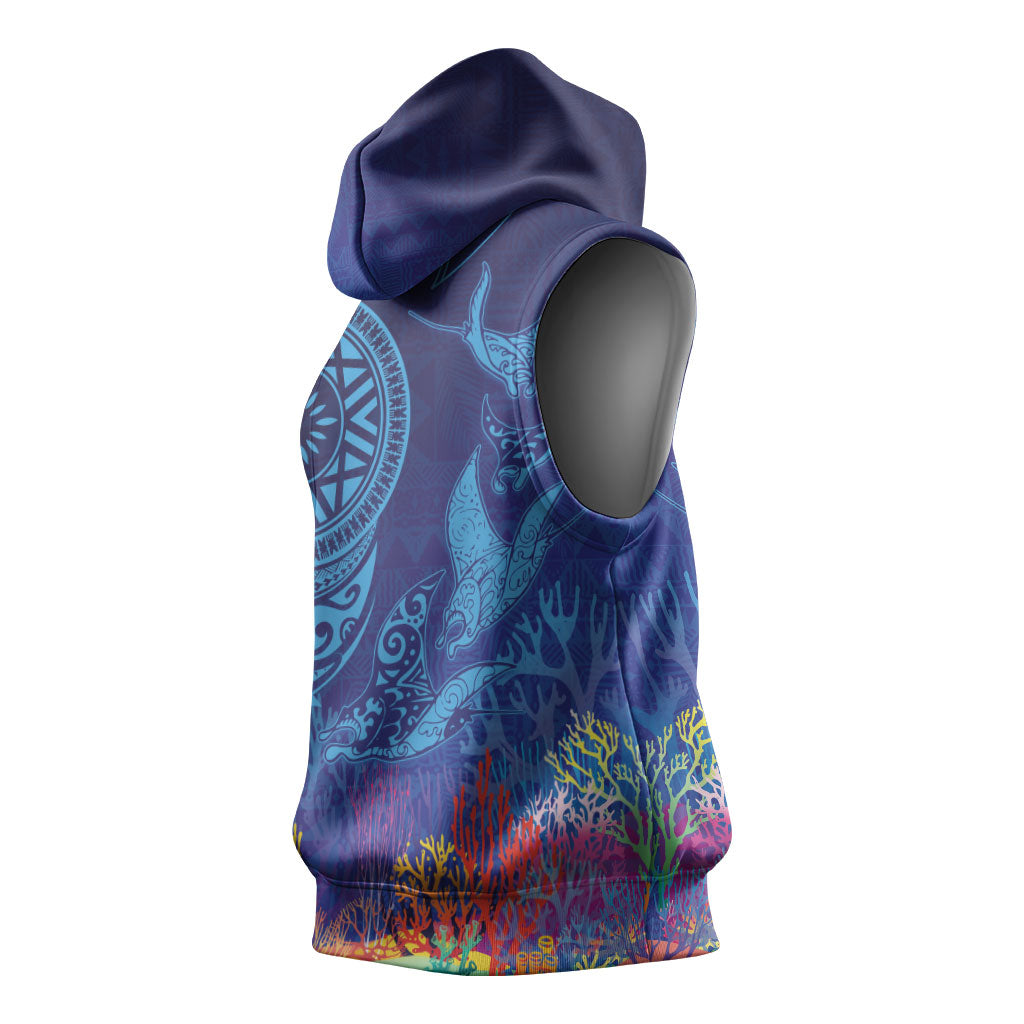 Fijian Tribal Manta Ray Sleeveless Hoodie Masi Motif with Coral Reef Ocean Vibe