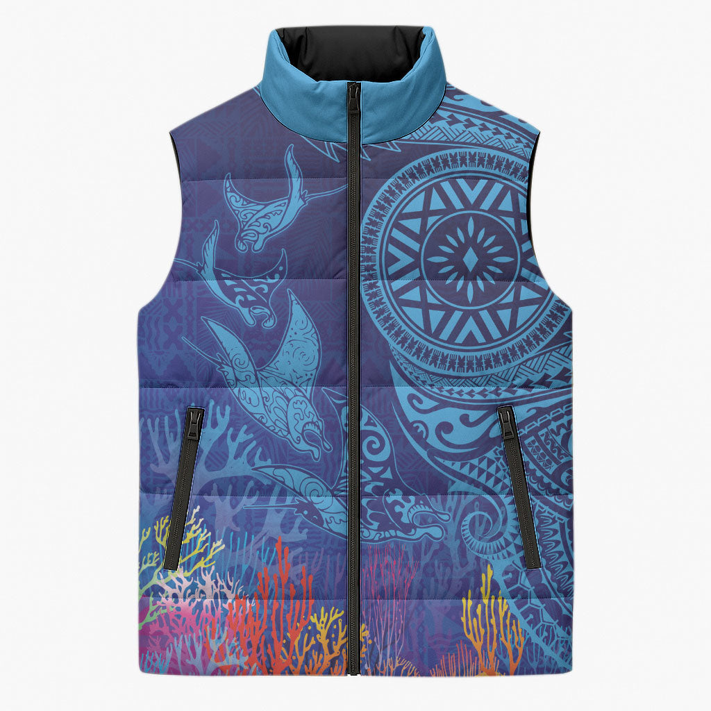Fijian Tribal Manta Ray Sleeveless Puffer Jacket Masi Motif with Coral Reef Ocean Vibe