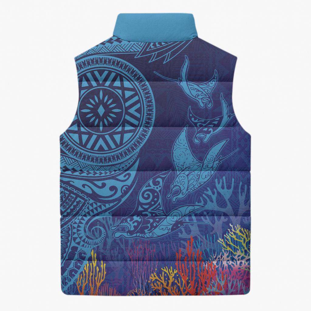 Fijian Tribal Manta Ray Sleeveless Puffer Jacket Masi Motif with Coral Reef Ocean Vibe