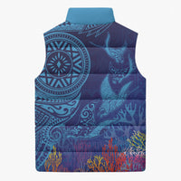 Fijian Tribal Manta Ray Sleeveless Puffer Jacket Masi Motif with Coral Reef Ocean Vibe