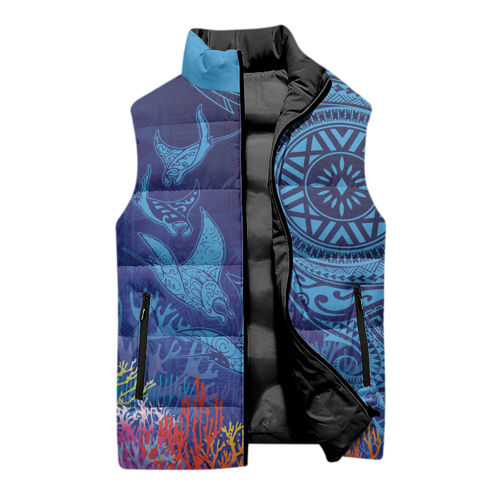 Fijian Tribal Manta Ray Sleeveless Puffer Jacket Masi Motif with Coral Reef Ocean Vibe