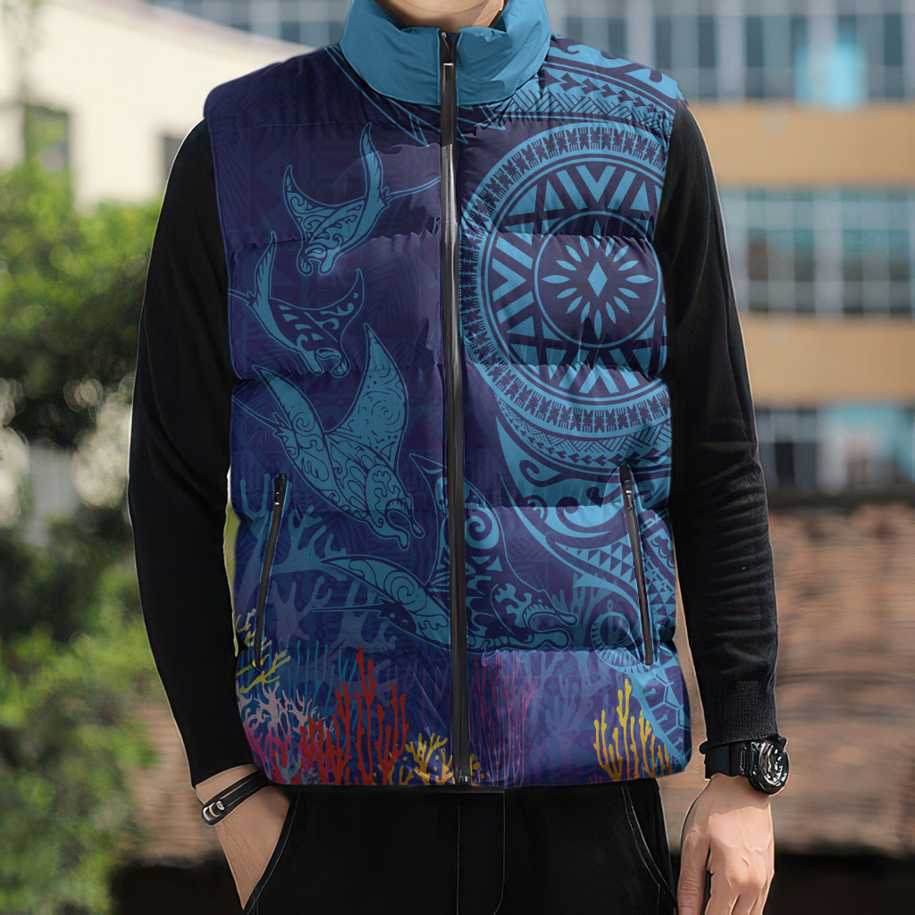 Fijian Tribal Manta Ray Sleeveless Puffer Jacket Masi Motif with Coral Reef Ocean Vibe