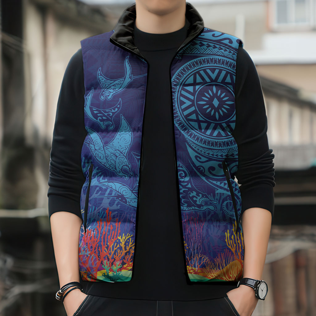 Fijian Tribal Manta Ray Sleeveless Puffer Jacket Masi Motif with Coral Reef Ocean Vibe