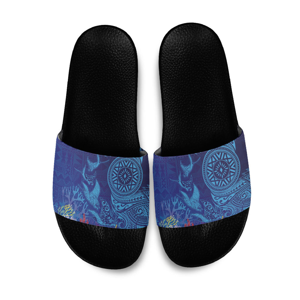 Fijian Tribal Manta Ray Slide Sandals Masi Motif with Coral Reef Ocean Vibe